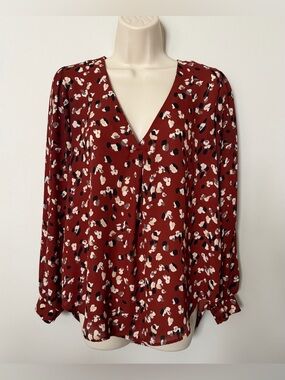 Lush Rust/Brown V-Neck Long Sleeve Blouse with Black & Cream Floral Spots